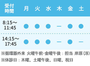 診療時間・循環器外来火曜午前、金曜午後・外来休診日木土午後、日祝